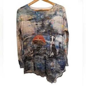 Inoah Wearable Art Long Sleeve Tunic Bull Terrier Cat Seagull Bubbles Medium EUC